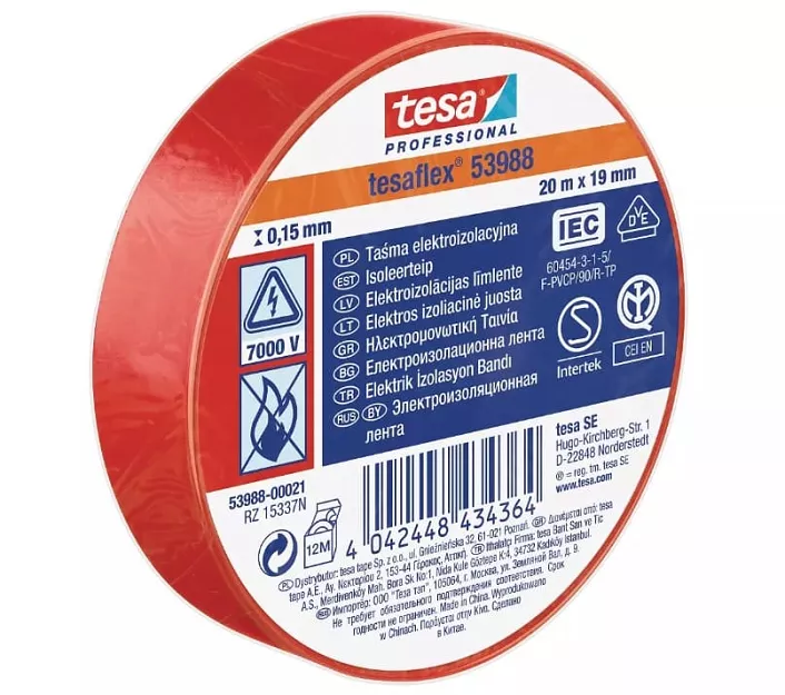 TAŚMA IZOLACYJNA CZERWONA PVC tesa® Professional 53988 19mm x 20m