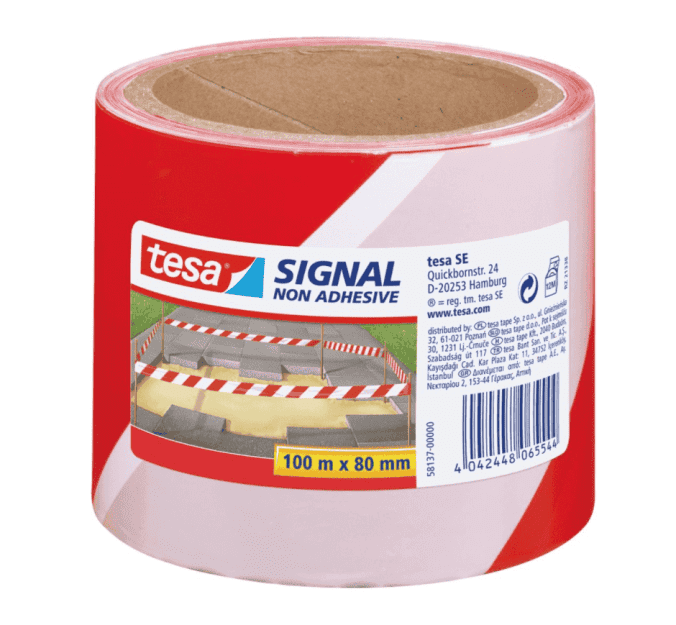 Taśma ostrzegawcza bhp bez kleju tesa® 58137 80mmX100m biało-czerwona obustronny nadruk